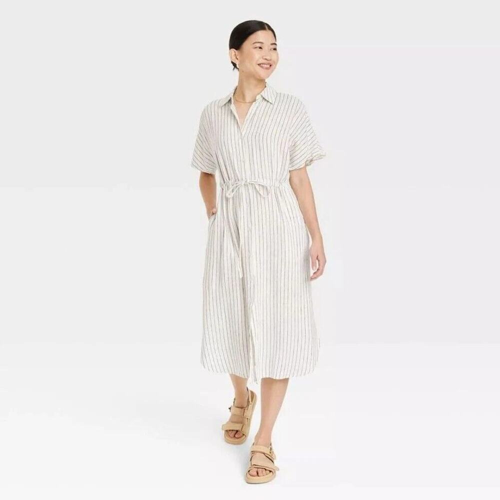 Women's Linen White Black Pin Stripe Shirt Dress‎ Tie Waist XXL Preppy Summer